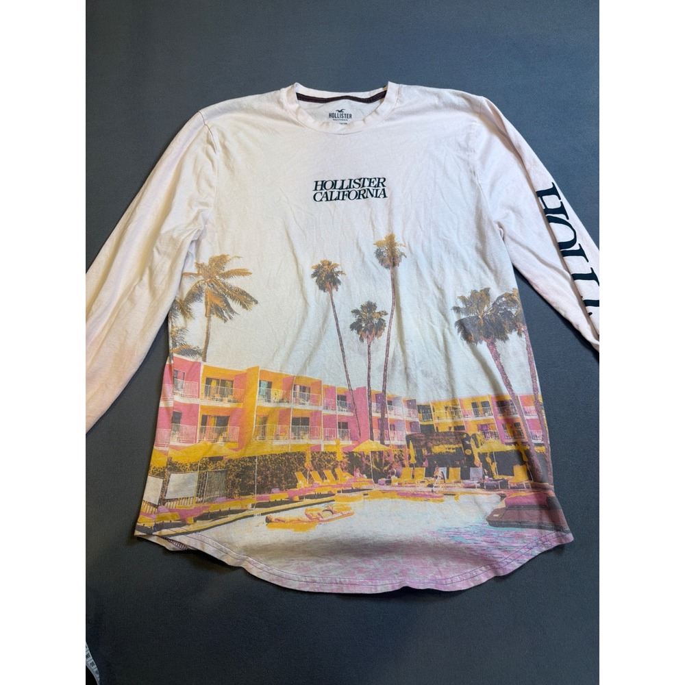 Hollister Mens Long Sleeve Graphic Tee Large White Tropical Palm Tree California